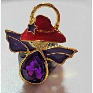 Red Hat Angel Pin Gold-tone w Purple & Clear Gems